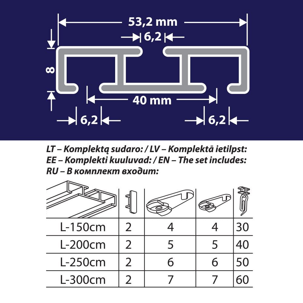 Griestu karnīzes komplekts UNIVERSAL-PROFILIS 1 vai 2 sliedes