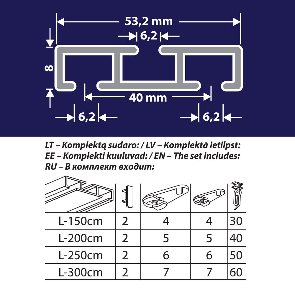 Griestu karnīzes komplekts UNIVERSAL-PROFILIS 1 vai 2 sliedes